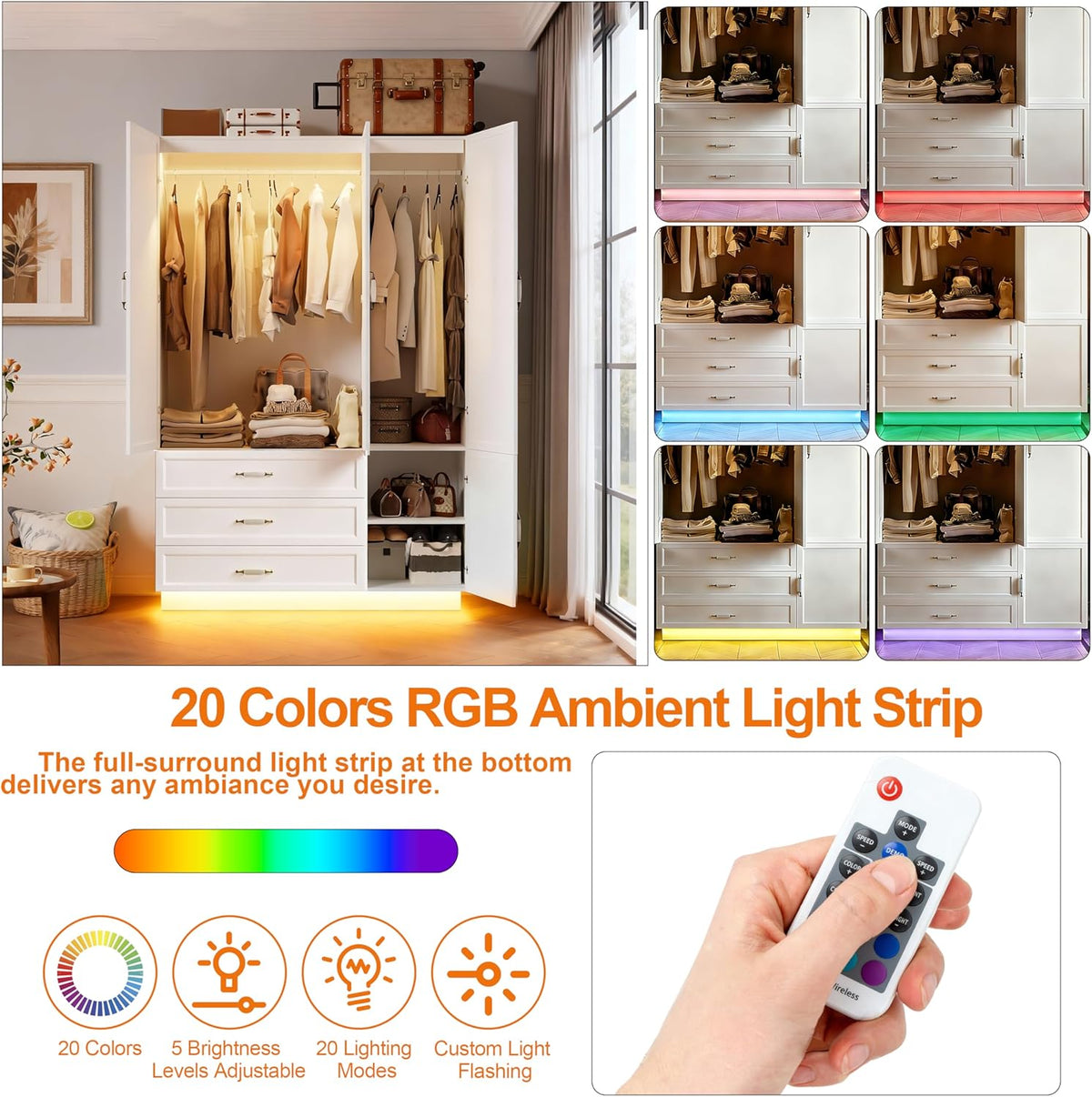 72" Wooden Armoire Wardrobe Closet with 3 Door Bedroom Armoire with LED Light 3 Drawers Large Modern Wardrobe Cabinet with Retro Ceramic Door Handles and Removable Hanging Rod White