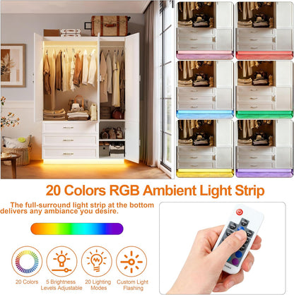 72" Wooden Armoire Wardrobe Closet with 3 Door Bedroom Armoire with LED Light 3 Drawers Large Modern Wardrobe Cabinet with Retro Ceramic Door Handles and Removable Hanging Rod White