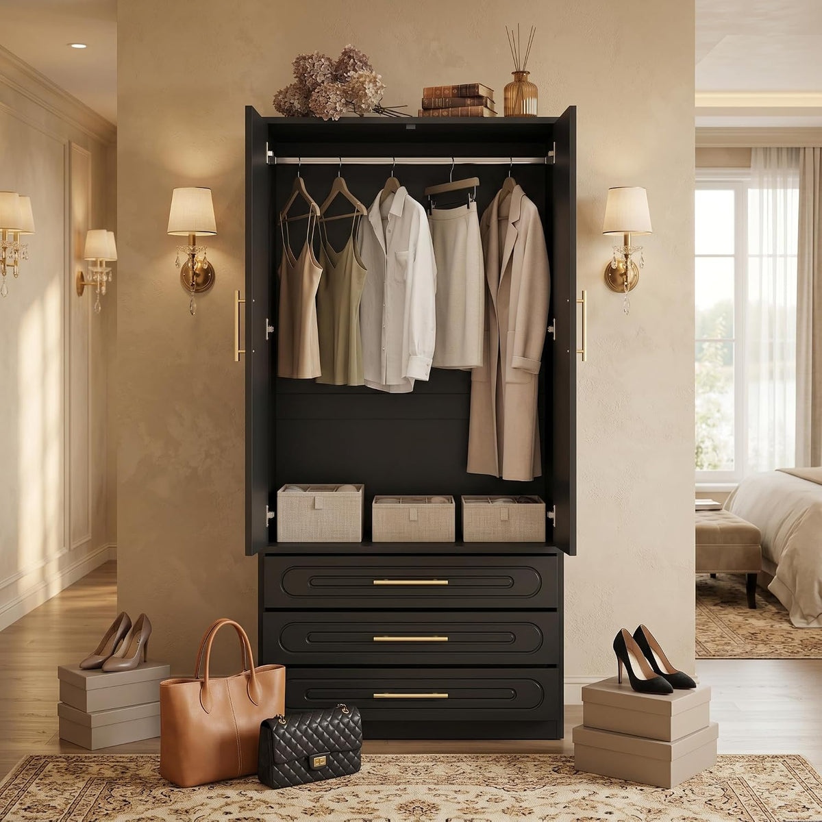 4 Doors Armoire Wardrobe Closet with Drawer & Doors, 71 inch Tall Wardrobe