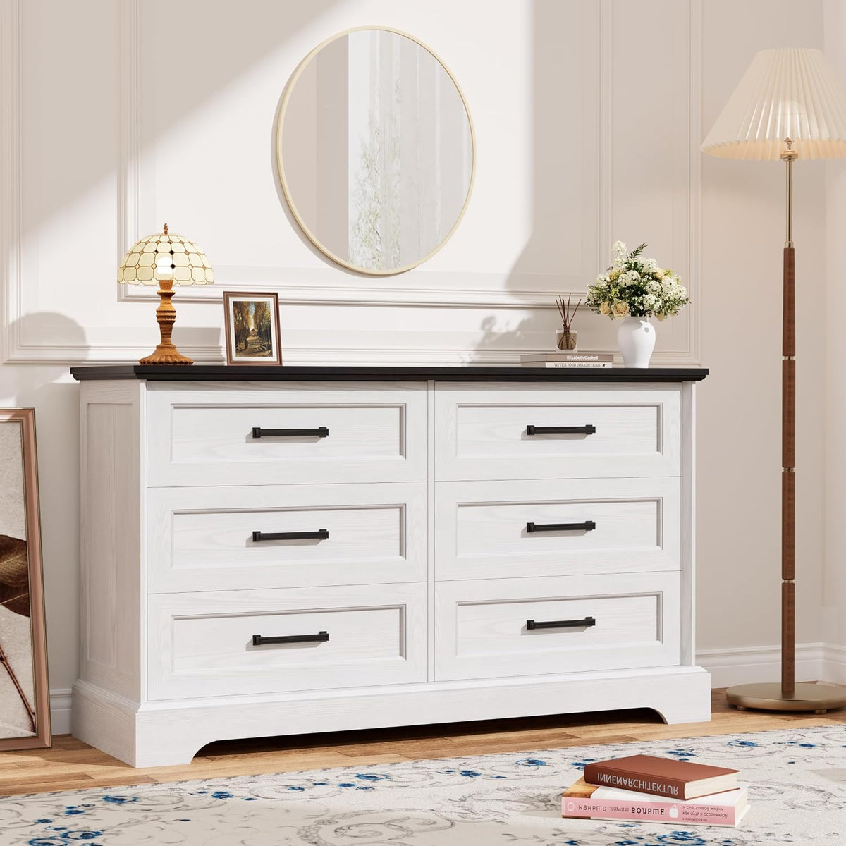YESHOMY Dresser for Bedroom, Farmhouse 6 Drawers Dressers, White and Black