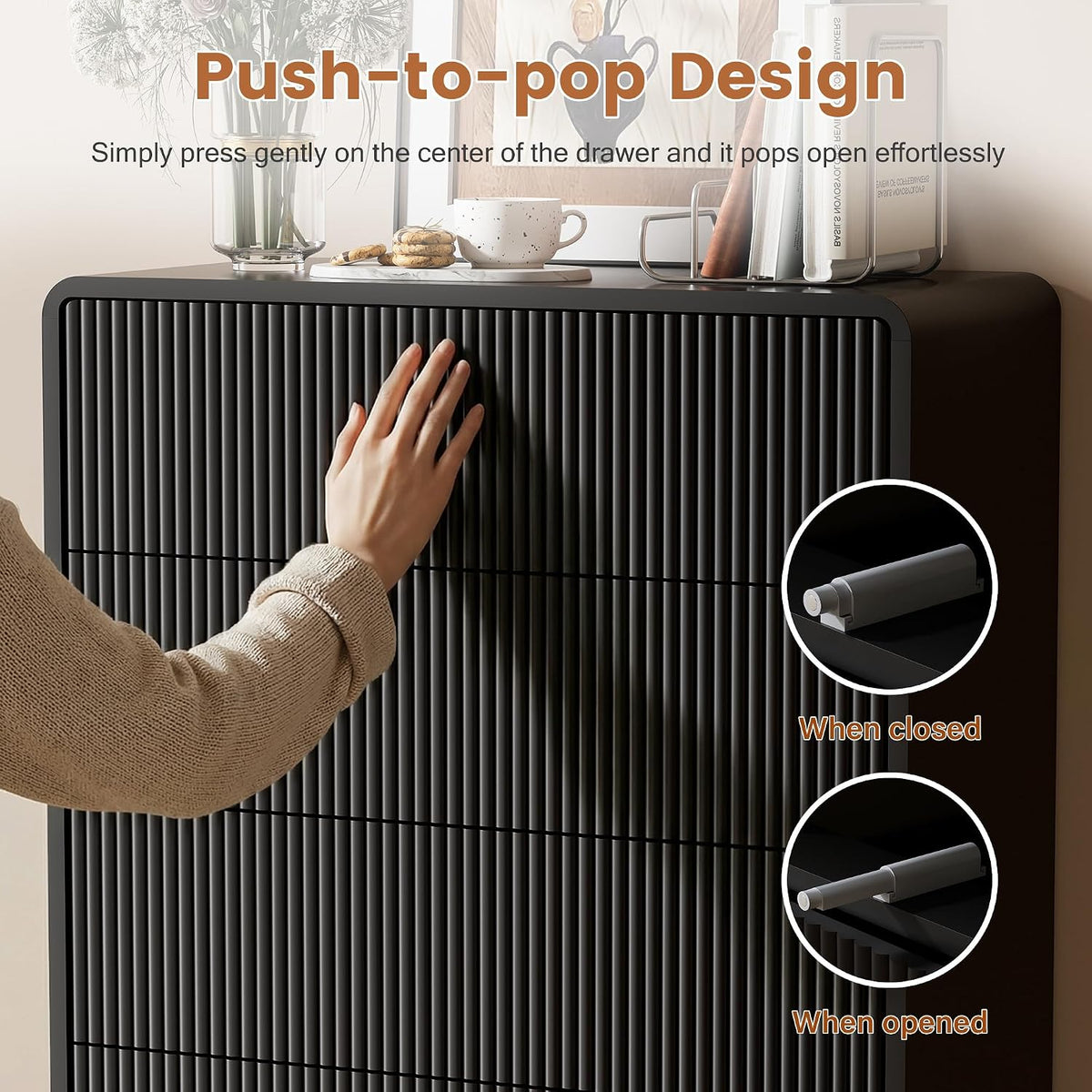 Furniway Black 5 Drawer Dresser for Bedroom, Curved Tall Dresser with Push-to-Open Design, Chest of Drawers for Bedroom, Living Room, Hallway, 15.7”D x 32”W x 47.2”H