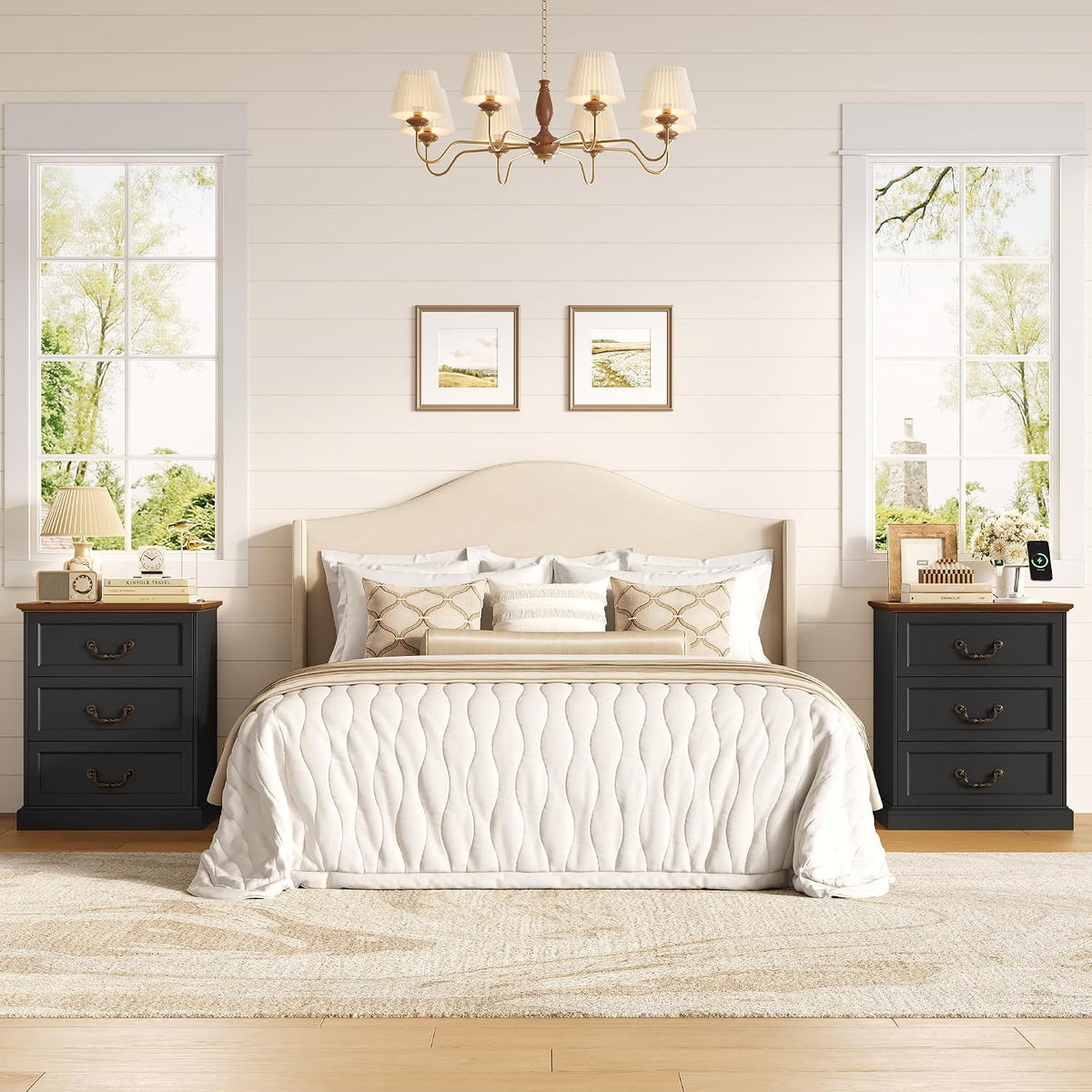 FINETONES Nightstands Set of 2 with Charging Station, 3 Drawer Night Stand