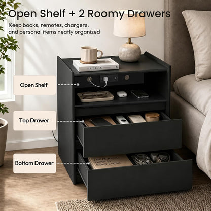 Black Nightstand with Charging Station, 24"H, 2 Drawers & Shelf