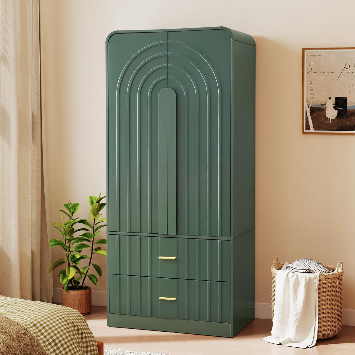 ORRD Freestanding Armoire Wardrobe Closet with Arched Fluted 2 Doors and 2 Storage Drawers, Large Capacity Wardrobe Cabinet Bedroom Organizer for Clothes, Blankets and Accessories, Green