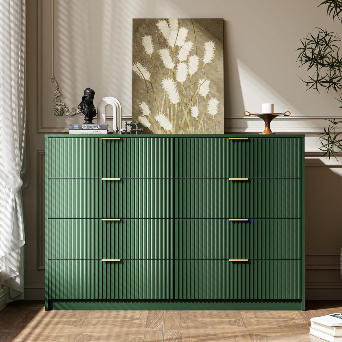 MAISONARIA 55" Wide Fluted 8-Drawer Double Dresser for Bedroom, Green