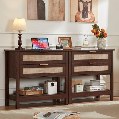 LEYAOYAO 26.8" Wide Rattan Nightstand, Large Boho 3 Drawer Night Stand