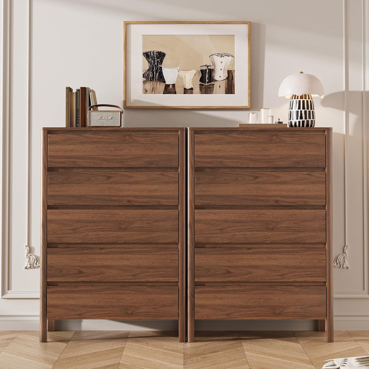 MAISONARIA Walnut 5 Drawer Dresser for Bedroom, 45"Tall Modern Wood Dresser