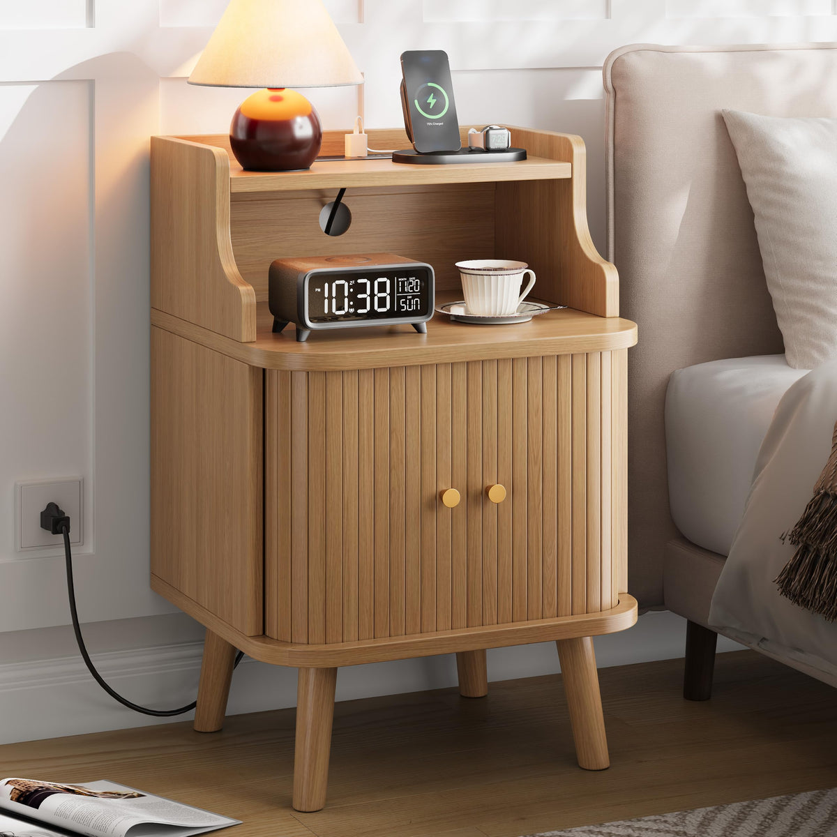 Decofy Mid Century Modern Nightstand Set of 2, Charging Station, Walnut