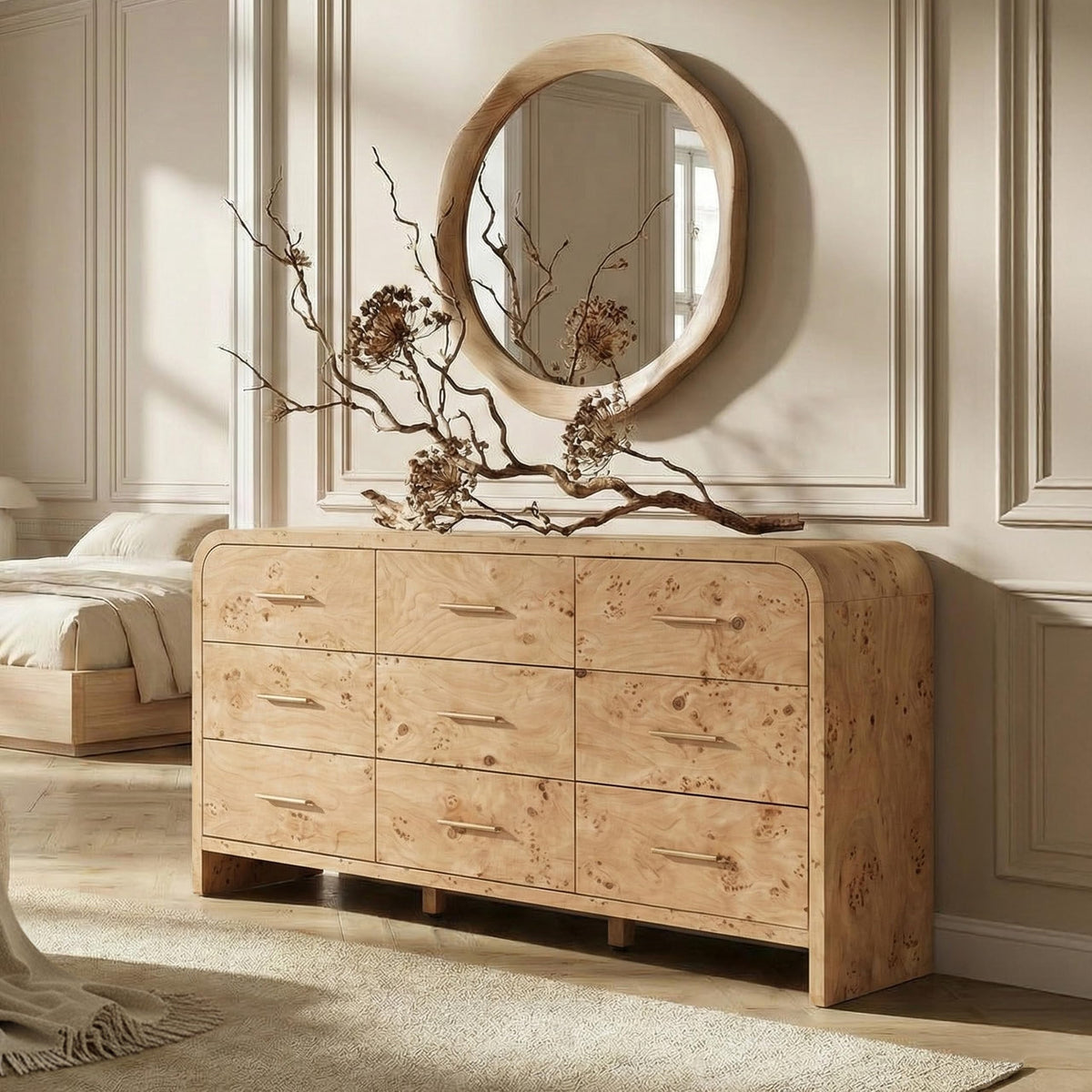 Curved 9-Drawer Dresser for Bedroom, 63" Wide Modern Chest of Drawers, Vanity Desk TV Stand for Living Room, Closet Storage Drawers Organizer Furniture, Nursery, Hallway, Dark Burl