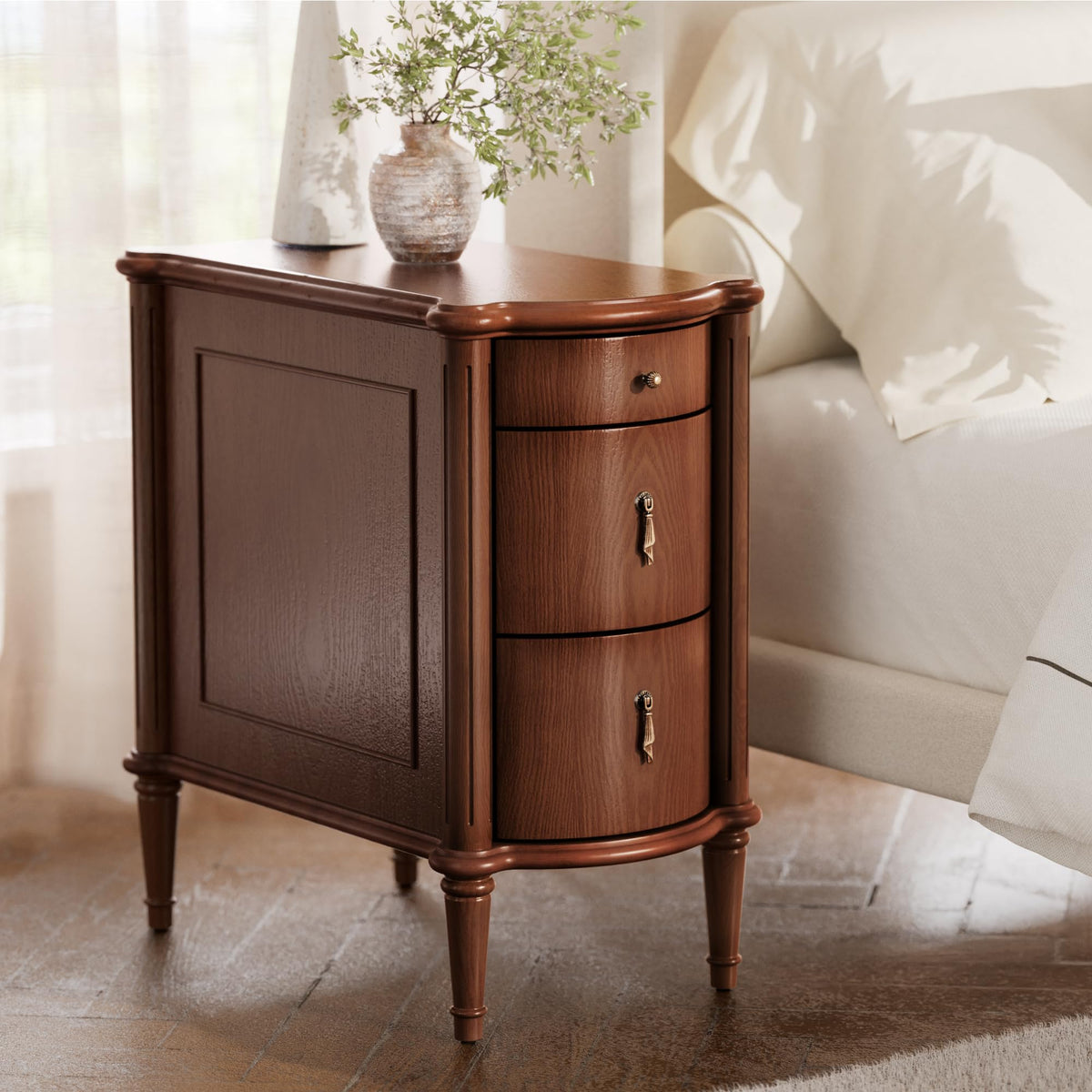 STO'SENSE Nightstand w/Charging Station & 3 Drawers, Pre-Assembled, Vintage Side Table w/Antique-Finished Pulls, Rustic Wood Finish, Narrow End Table w/Turned Legs for Bedroom (1, Ivory White)