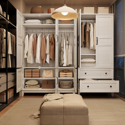 GarveeHome Armoire Wardrobe Closet with 2 Drawers,72 in Wooden Wardrobe Cabinet with Hanging Rod, Tall Clothing Armoire Cabinet with Doors and 18 Adjustable Shelves for Bedroom, Clothes, Rustic White