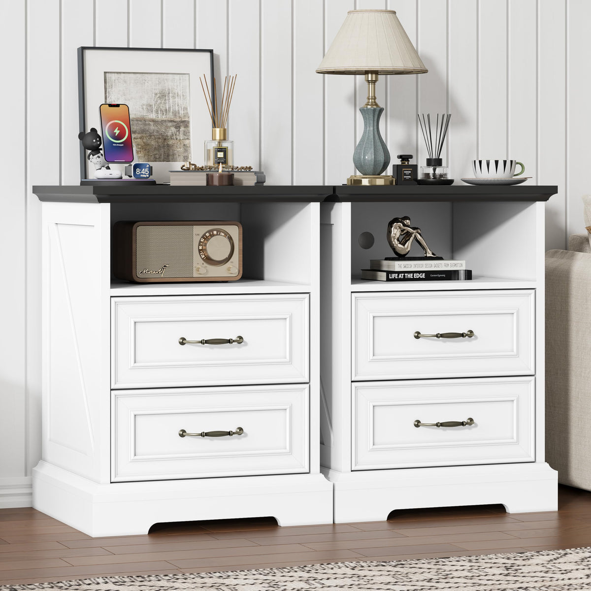 Black Nightstand Set of 2,24" Wide End Table with 3 Large Drawers & Metal Handles,Rustic Farmhouse Wood Small Dresser,Bedside Table,Modern Chest of Drawers for Bedroom,Living Room