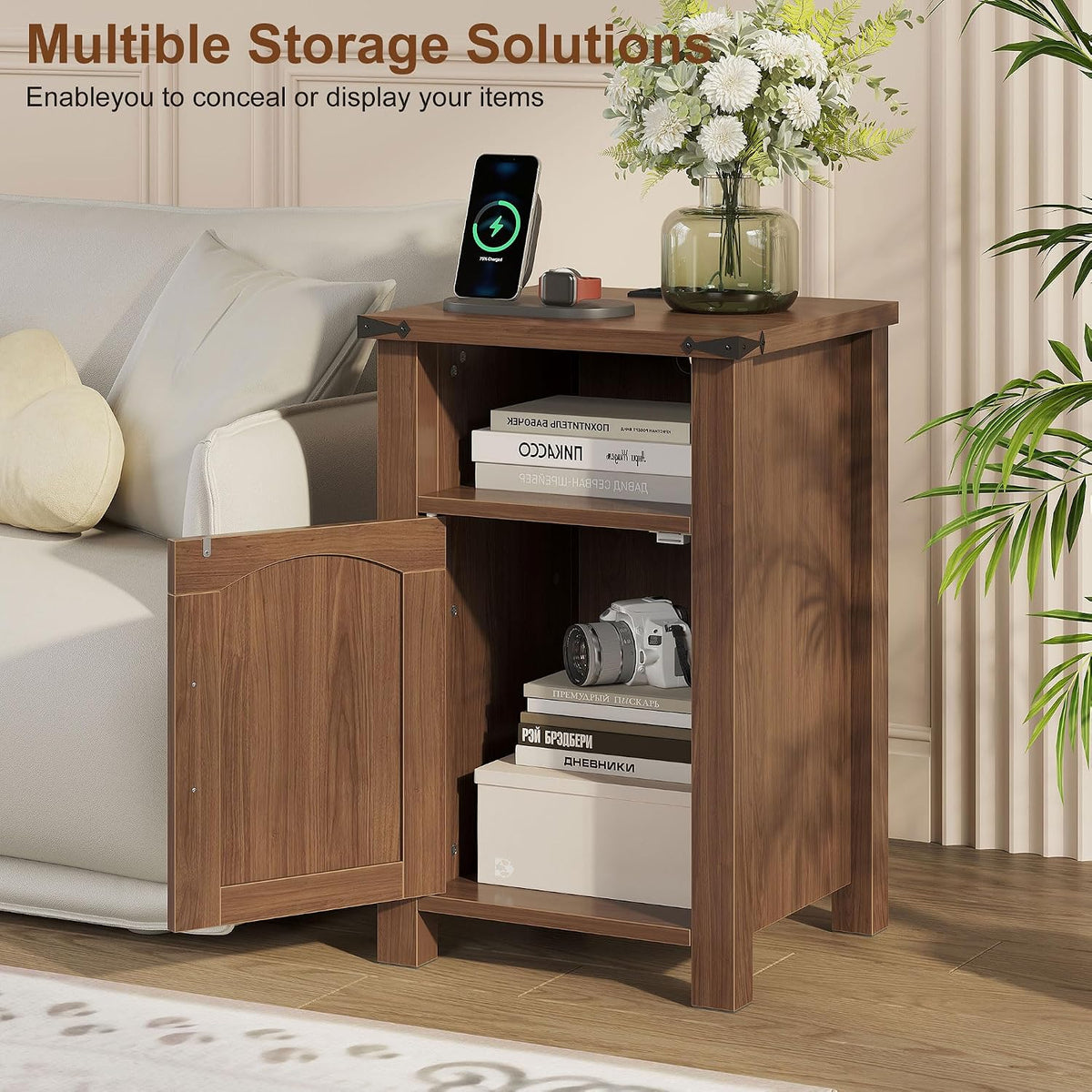 Decofy Farmhouse Nightstand with Charging Station, Set of 2,Walnut