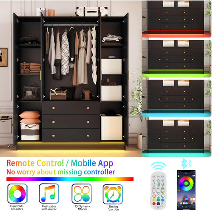 4 Doors LED Armoire Wardrobe Closet with Mirror, 75" Tall Modern Wooden Wardrobe Closet with 3 Drawers, Freestanding Clothing Storage Cabinet with Hanging Rod, Adjustable Shelves, Black