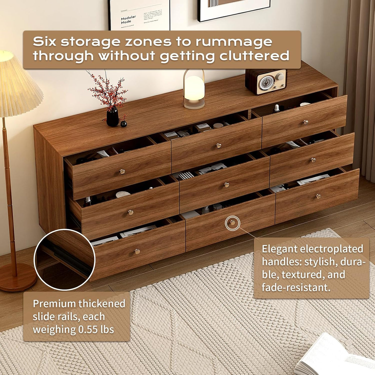 Mid Century Modern 9-Drawer Dresser, 63 Inch Solid Wood Frame Chest, Walnut