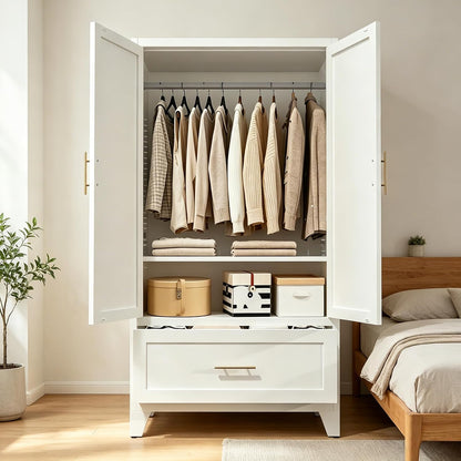 60" Tall Steel Wardrobe Closet with Hanging Rod, 2 Doors,White