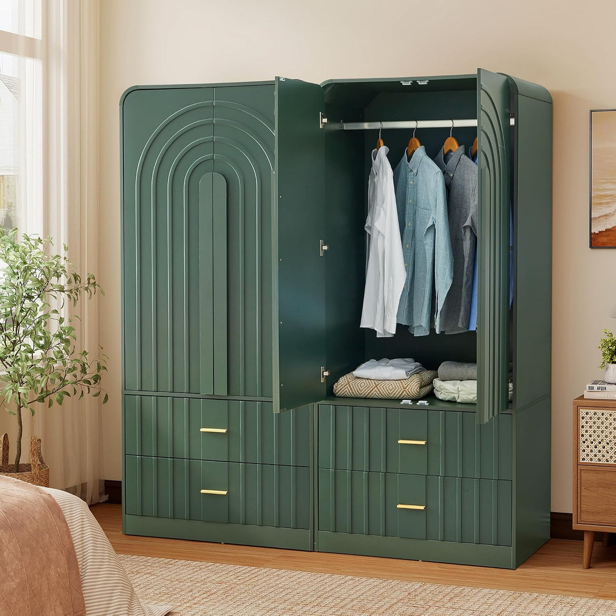 ORRD Freestanding Armoire Wardrobe Closet with Arched Fluted 2 Doors and 2 Storage Drawers, Large Capacity Wardrobe Cabinet Bedroom Organizer for Clothes, Blankets and Accessories, Green