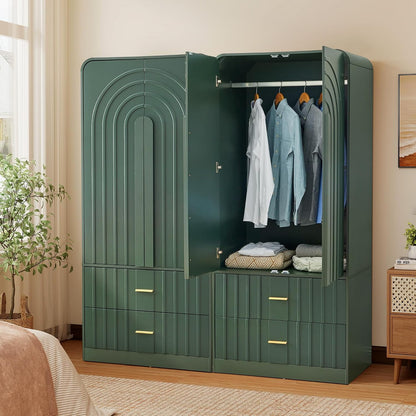 ORRD Freestanding Armoire Wardrobe Closet with Arched Fluted 2 Doors and 2 Storage Drawers, Large Capacity Wardrobe Cabinet Bedroom Organizer for Clothes, Blankets and Accessories, Green