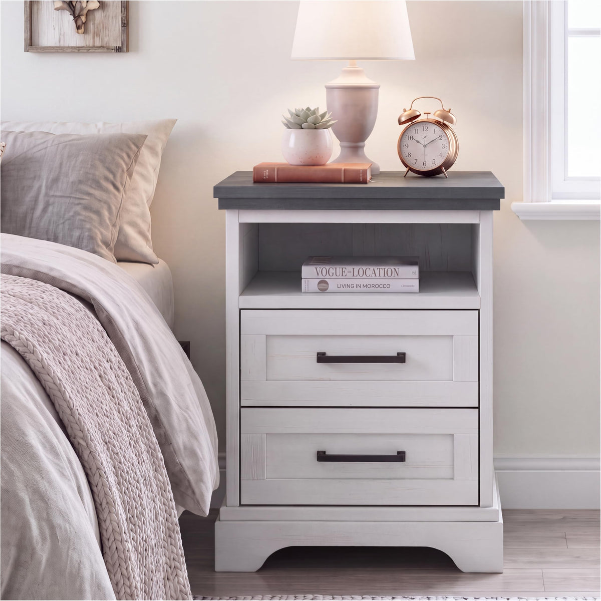 DUMOS Farmhouse Nightstand with Charging Station & USB Ports
