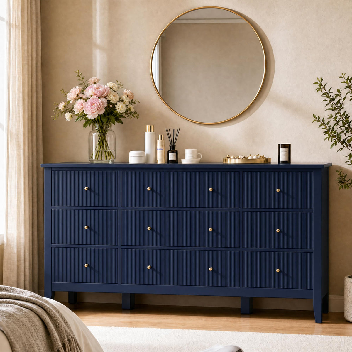 RoyalCraft 6 Drawer Dresser, Fluted Modern Wood Chest of Drawers, Long Dresser for Bedroom TV Stand Storage Cabinet for Living Room, Blue