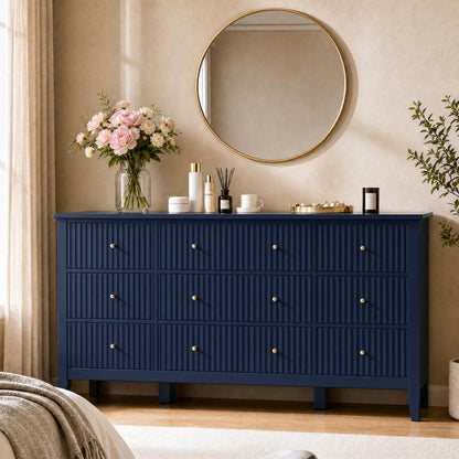 RoyalCraft 6 Drawer Dresser, Fluted Modern Wood Chest of Drawers, Long Dresser for Bedroom TV Stand Storage Cabinet for Living Room, Blue