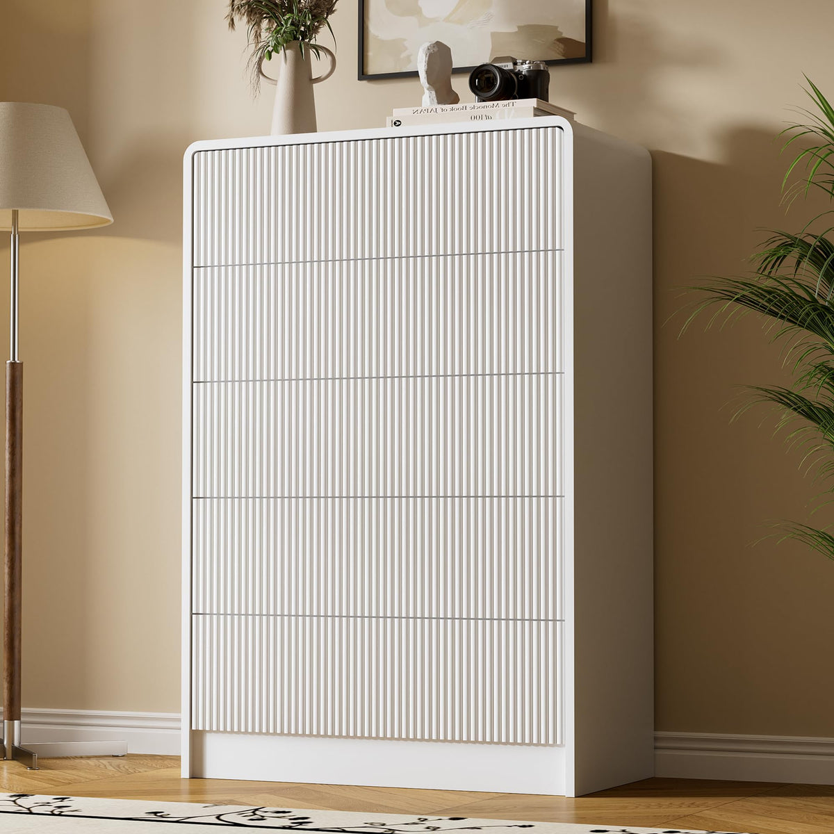 Furniway Black 5 Drawer Dresser for Bedroom, Curved Tall Dresser with Push-to-Open Design, Chest of Drawers for Bedroom, Living Room, Hallway, 15.7”D x 32”W x 47.2”H