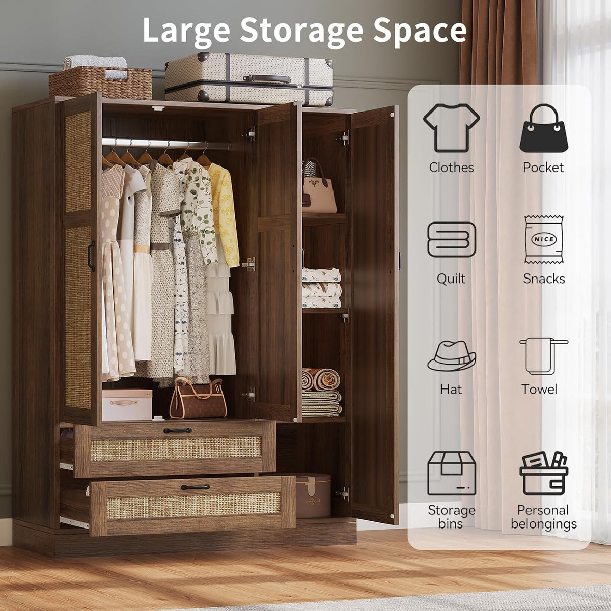 Rattan Armoire Wardrobe Closet with Full Length Mirror, 3 Doors Wardrobe Cabinet with 2 Drawers, Farmhouse Boho Armoire with Hanging Rod for Bedroom