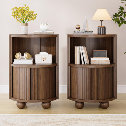 17.76''W Fluted Nightstand with 2 Sliding Doors, 2-Tier Storage, Walnut