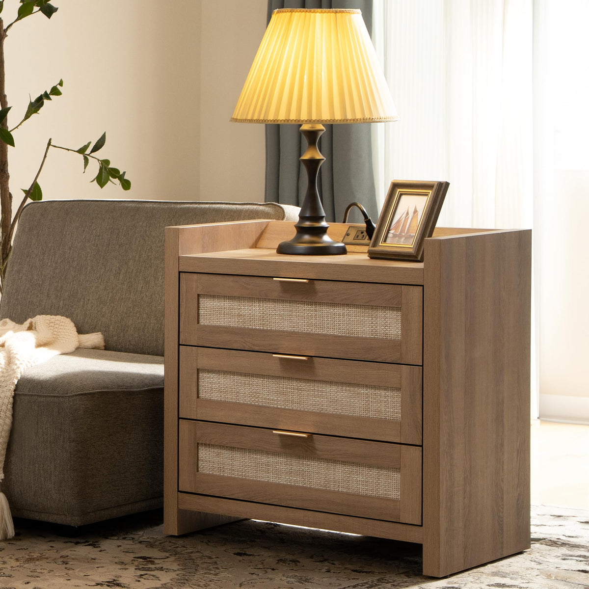 SICOTAS Rattan Nightstands Set of 2, Tall Bedside Table with 3 Drawers