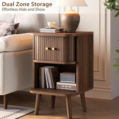 Decofy Fluted Nightstand Set of 2, Charging Station & Sliding Doors, Walnut
