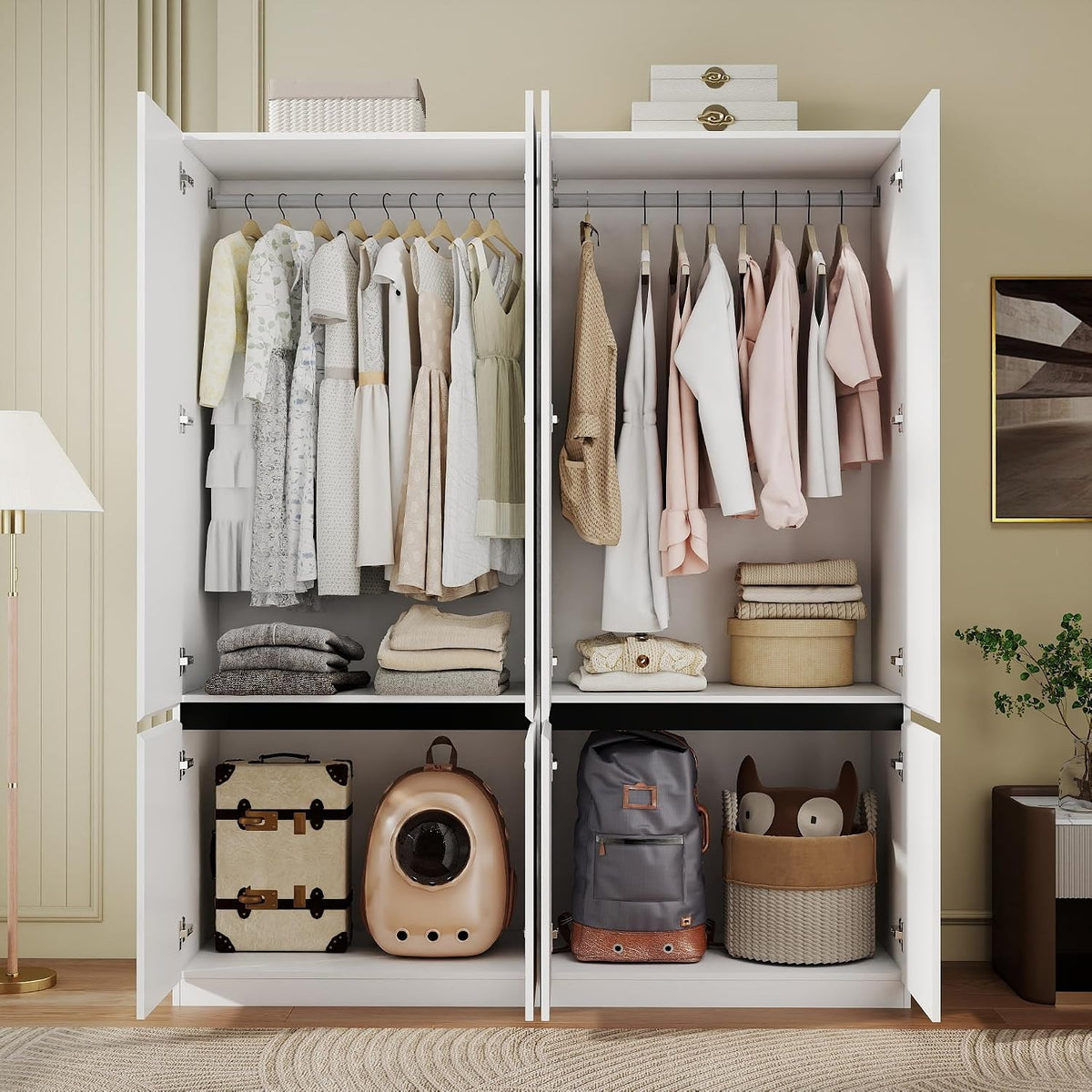 White Armoire Wardrobe Closet with 4 Doors, 75" Tall x 63" Wide