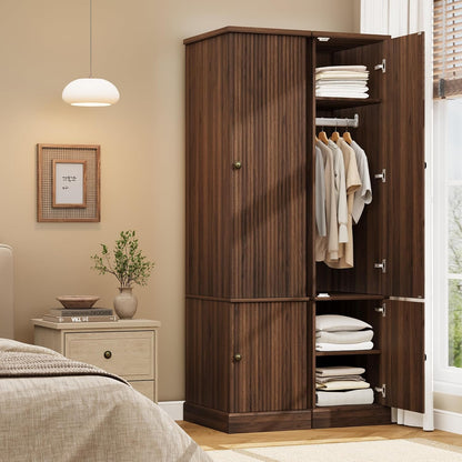 Garvee 72" Tall Armoire Wardrobe Closet, Fluted Wood, Narrow, Retro Brown