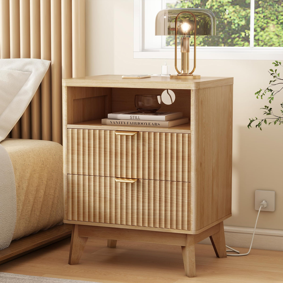 LYNCOHOME Fluted Nightstand with Charging Station, 19.7 inch Wide End Table with 2 Drawers, Modern Wood Bedside Table for Bedroom,Brown,1 Pcs