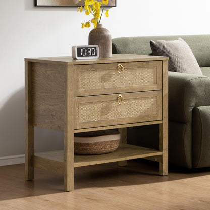 SICOTAS White Rattan Nightstand Set of 2, Wide Bedside Table with 2 Drawers