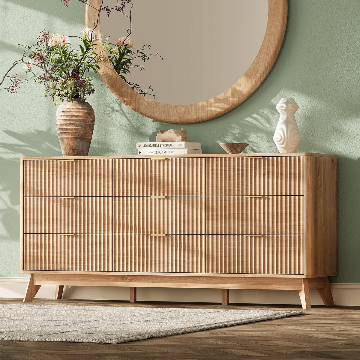 63" Wide Fluted 9 Drawers Dresser for Bedroom,Curved Edge,Oak