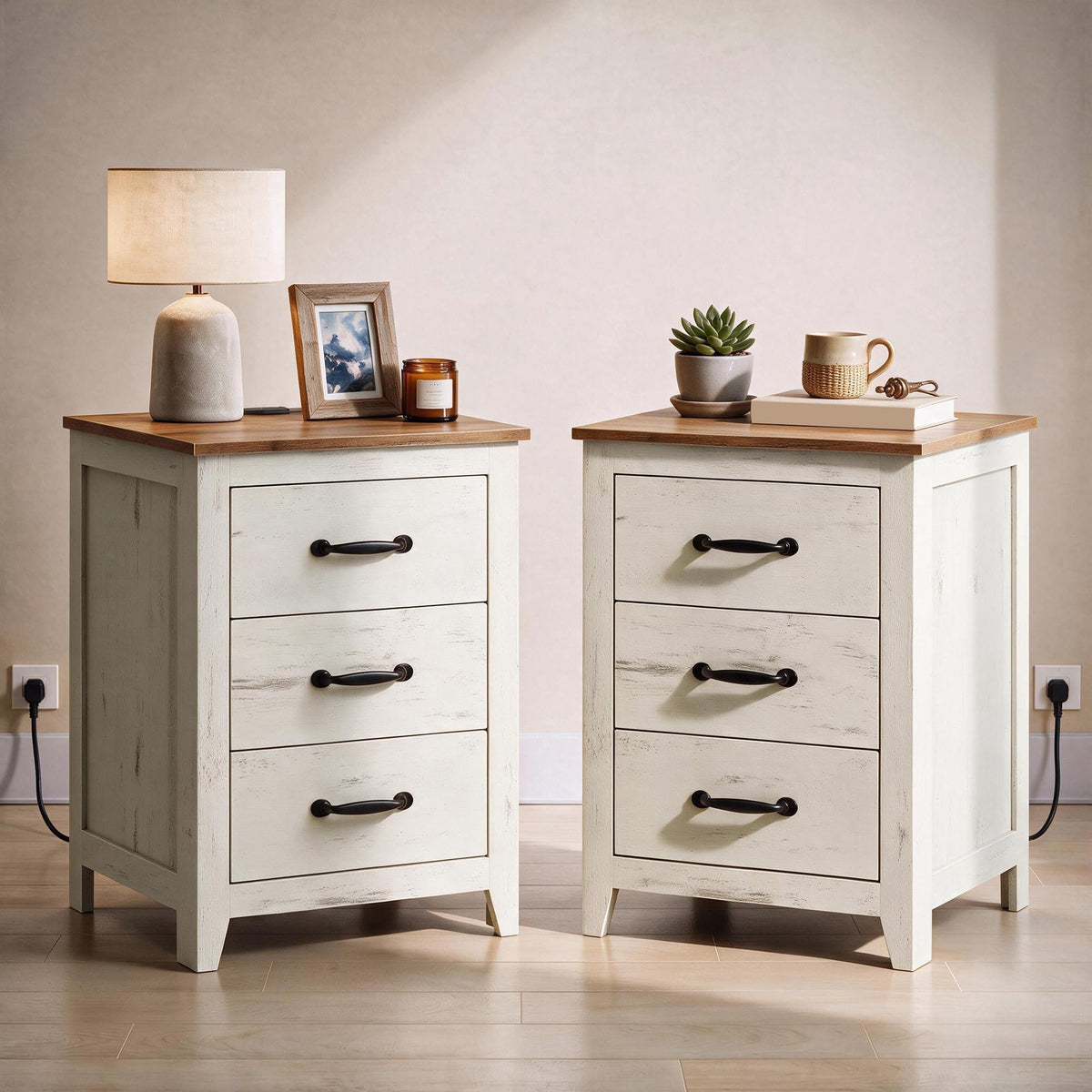 VASAGLE Set of 2 Nightstands with 2 Drawers and Charging Station