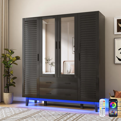 jiteentarou 4 Door Armoire Wardrobe Closet Cabinet with Drawers and LED Lights, Multi-Tier Shelves, Hanging Rod & 4 Louver Doors, Large Capacity Storage Wardrobe Armoire for Bedroom(4 Doors White)