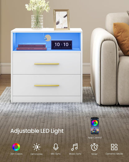 VASAGLE 23.6 Nightstands, LED Lights, Charging Station, 2 Drawers