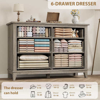 GarveeHome 6 Dresser for Bedroom, 47 in Wide Drawer Dresser with Storage Freestanding, Wooden Closet Storage Chest for Living Room, Bedroom, Entryway, Ash Grey