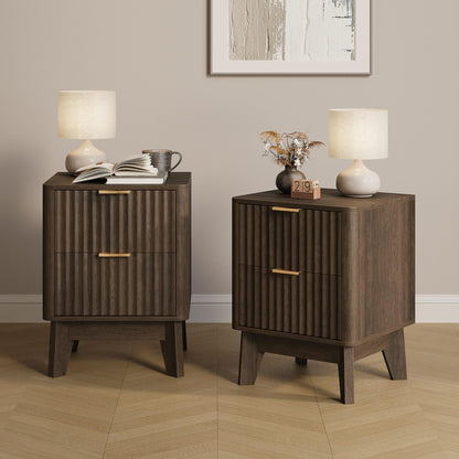 Fluted Nightstand Set of 2 with Faux Marble Top,Natural Oak