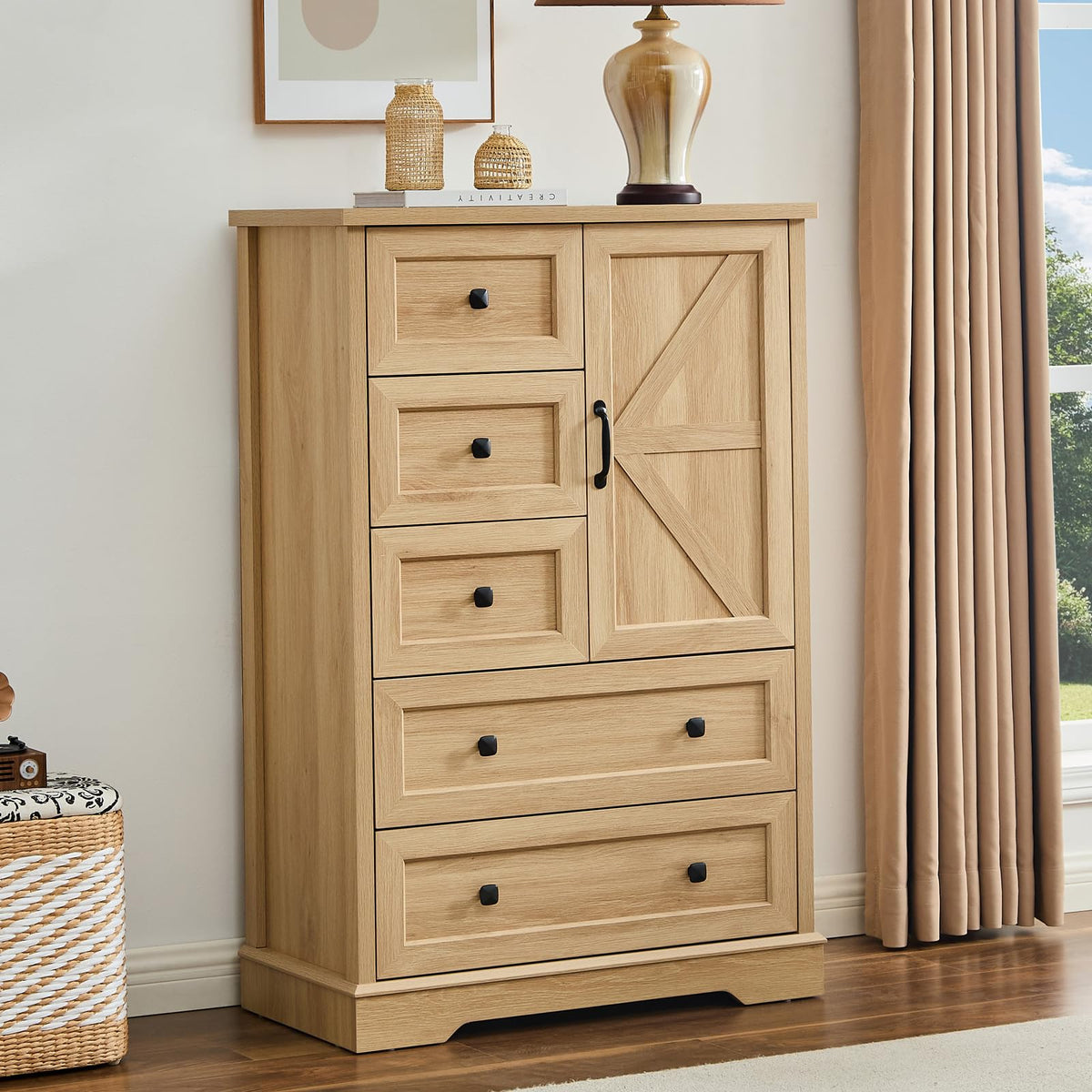 SOOWERY Farmhouse Dresser for Bedroom, Tall Chest of Drawers, Dark Cherry