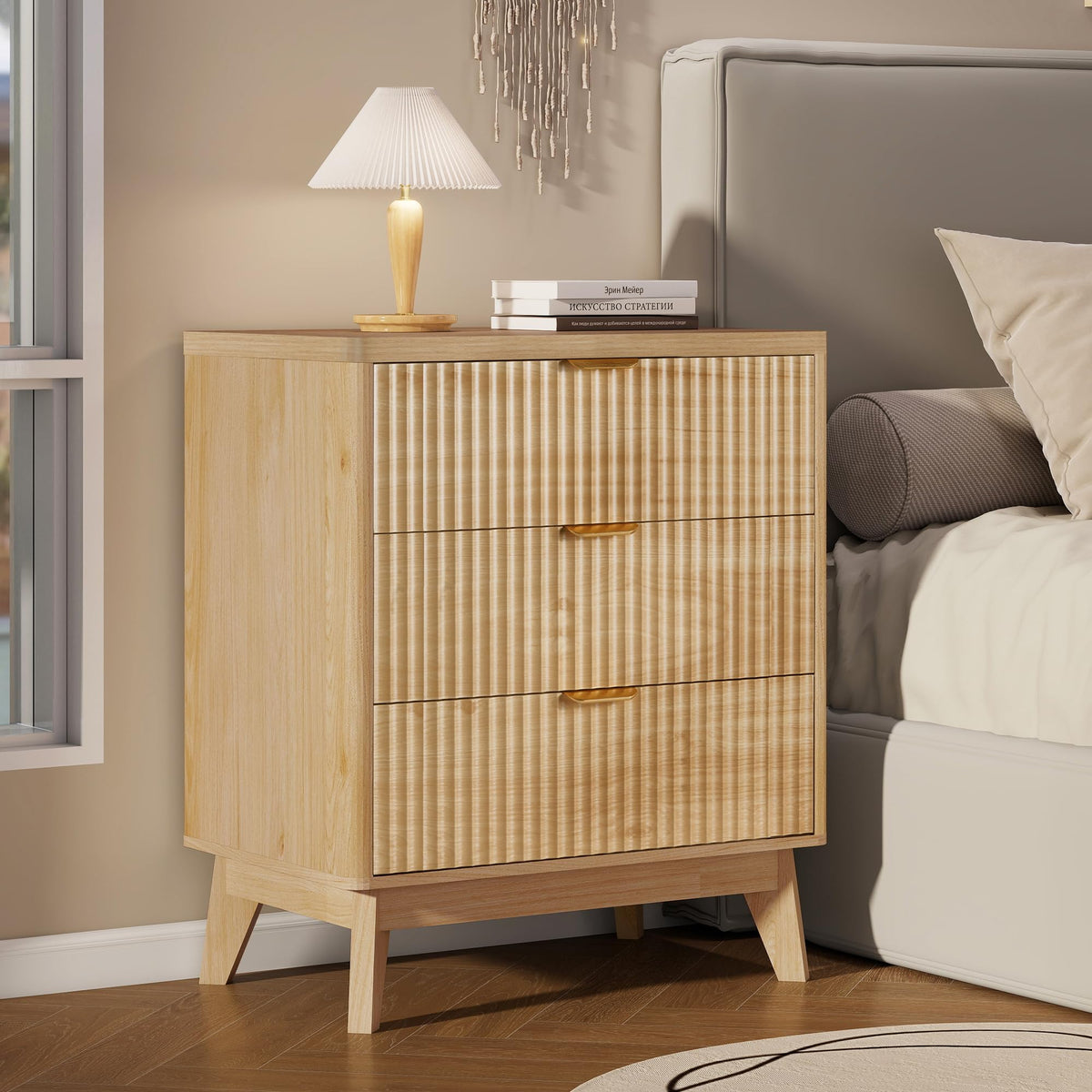 LYNCOHOME Fluted Nightstand with Charging Station, 19.7 inch Wide End Table with 2 Drawers, Modern Wood Bedside Table for Bedroom,Brown,1 Pcs