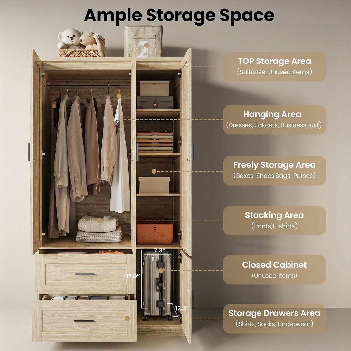ANCTOR 70.6 Inch Armoire Wardrobe Closet with Drawers (Light Oak)