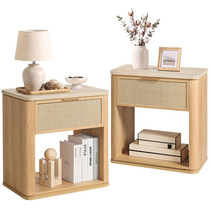 Night Stand Set 2, Rattan Nightstand with 2 Drawers