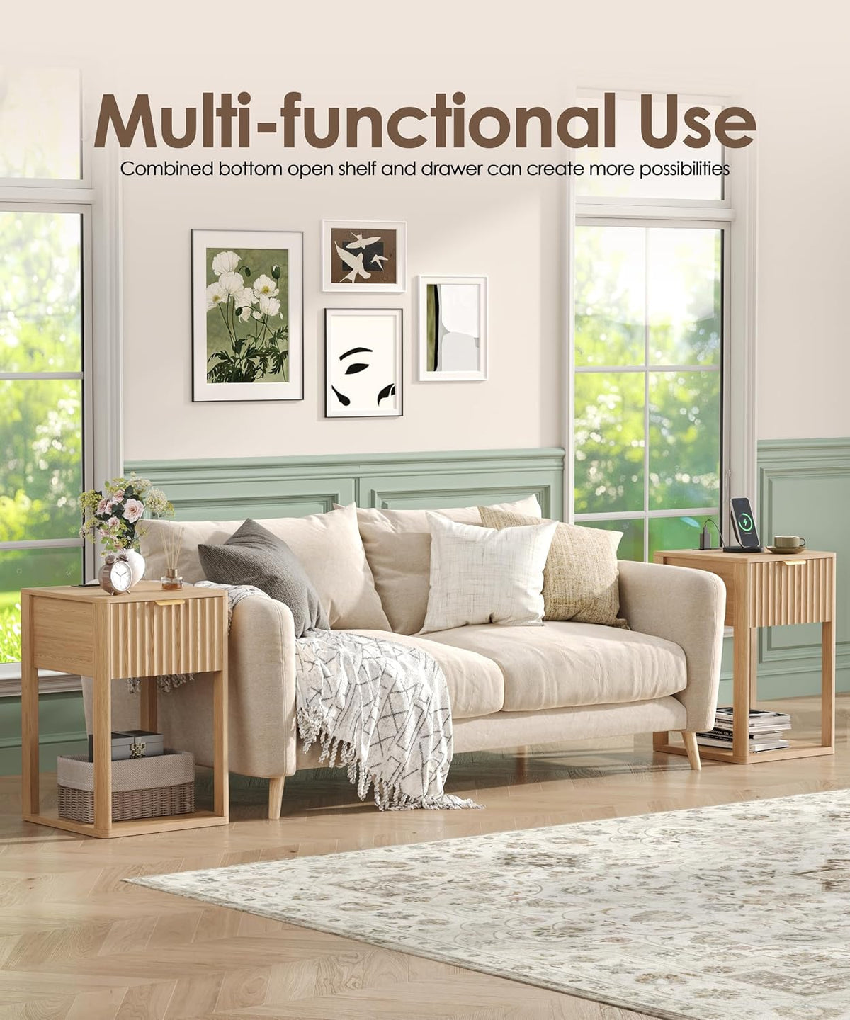 Akxomel Nightstand Set 2 with Charging Station Fluted Bedside Table Oak