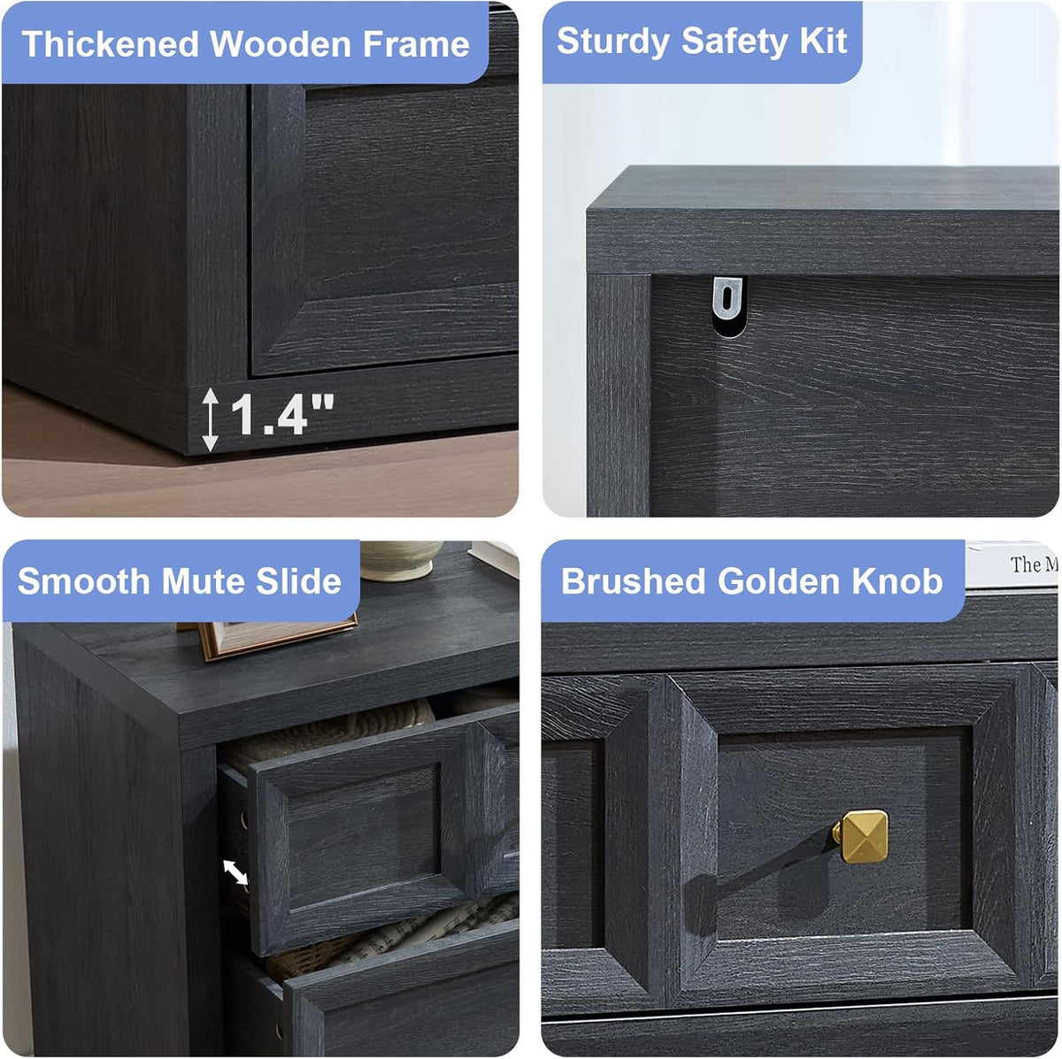 Night Stand Large W/Charging Station, 30.7" W Oversized Nightstands Tall Bedside Table with 3 Drawers, Accent End Table W/Large Storage, Modern Wood End Table for Bedroom, Office