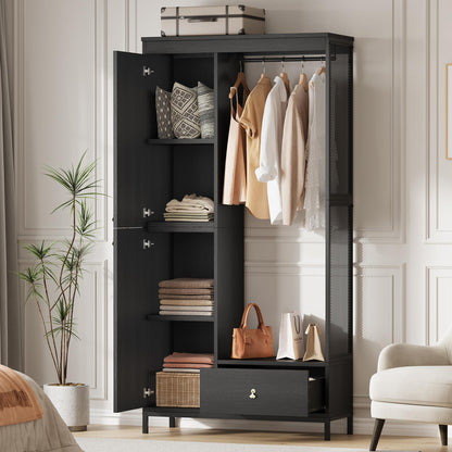 TrailBlaze Spacious Storage Solution Armoire Wardrobe Closet – Modern Wood & Metal Frame, Hanging Rod, Drawer, Large Compartment – Freestanding Bedroom Organizer for Clothes, Bedding, Luggage – Black