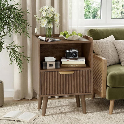 Apicizon Small Nightstand, Fluted Walnut Bedside Table with Drawer & Shelf