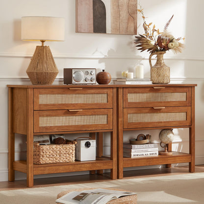 LEYAOYAO 26.8" Wide Rattan Nightstand, Large Boho 3 Drawer Night Stand