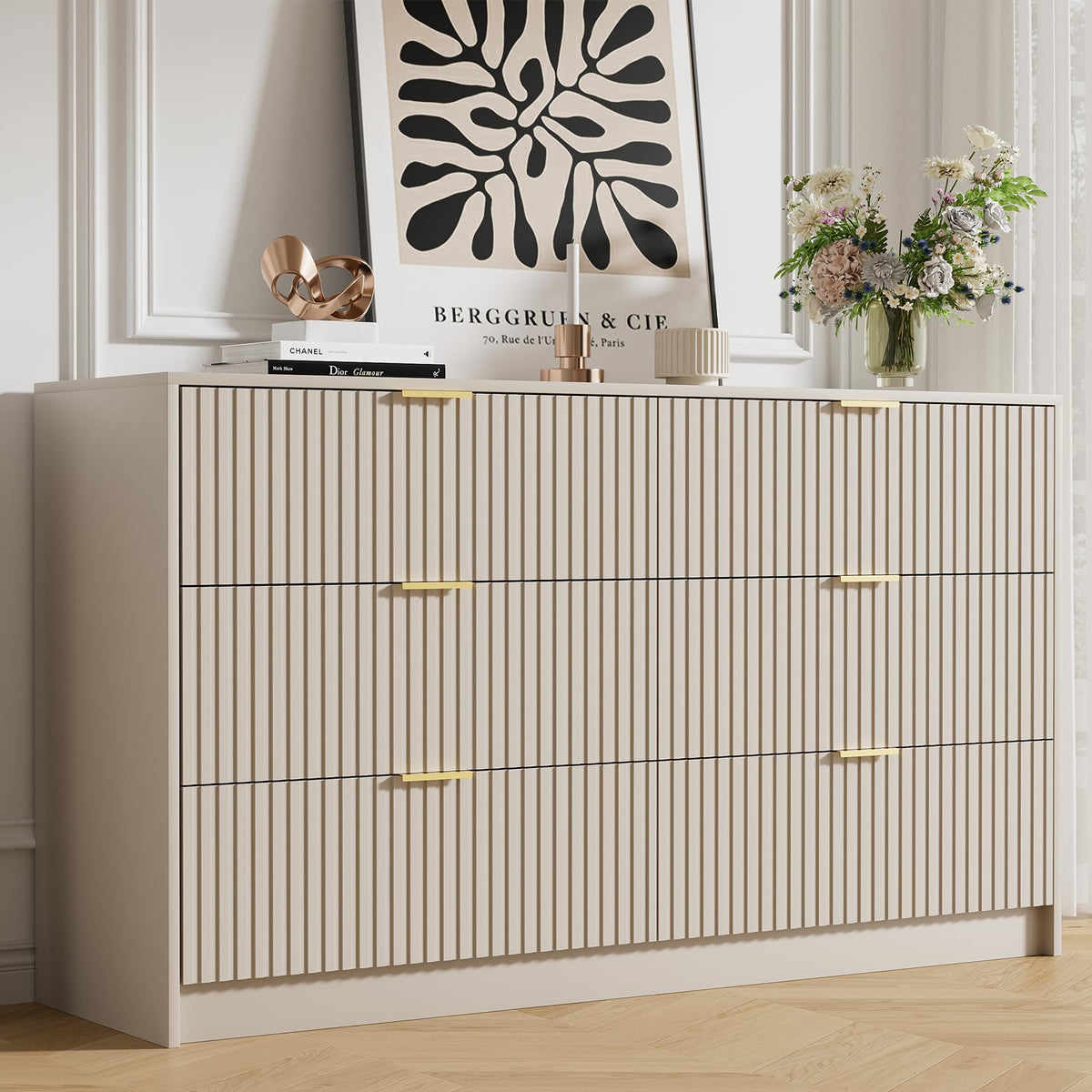 Furniway 55" Wide Green Dresser for Bedroom, Fluted 8 Drawer Dresser